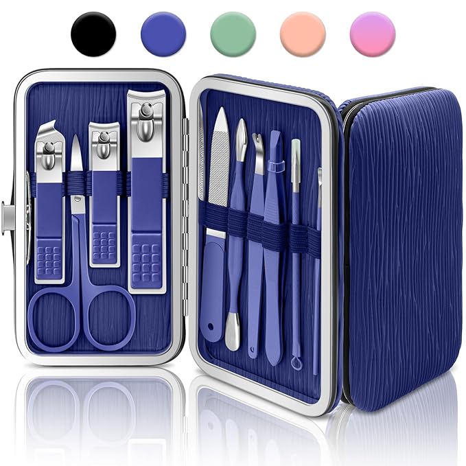 BLESWIN Manicure Set, 10 in 1 Professional Manicure and Pedicure Kit, Nail Care Kit for Women, Mens Nail Grooming Kit, Portable Nail Clipper Set Blue Leather Case for Travel Home