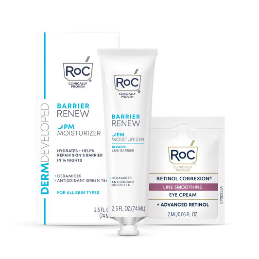 RoC Barrier Renew Night Moisturizer with Ceramides & Antioxidant Green Tea and Lipo Peptides to Renew Skin Barrier, (2.5 oz) with Retinol Eye Cream Packette
