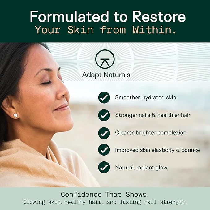 Adapt Naturals Inner Radiance Hair Skin and Nails Vitamins for Women and Men with Biotin, Collagen, Hyaluronic Acid, Vitamin C & Ceramides - Thicker Hair, Stronger Nails & Hydrated Skin Supplement