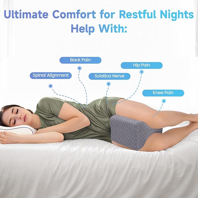 CloudBliss Knee Pillow for Side Sleepers - Cooling Leg Pillow for Side Sleeping, Memory Foam Knee Pillow for Hip Pain, Lower Back Pain, Sciatica Pain, Knee Wedge Pillow with Contour Design,Grey