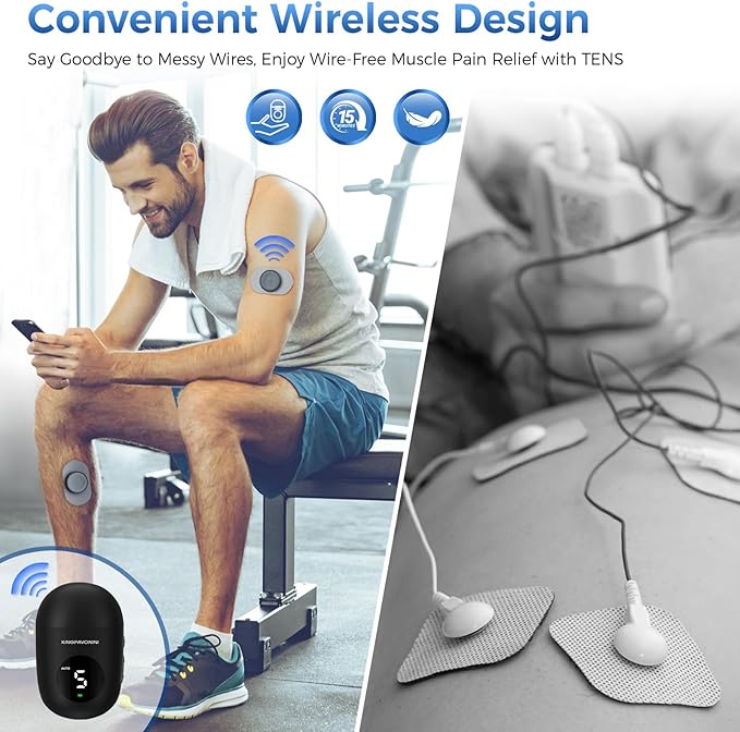 KingPavonini Wireless TENS Unit, Muscle Stimulator for Pain Relief, Portable Rechargeable TENS EMS Machine, LED Screen, Remote, Dual Channel 6 Modes 16 Intensity Massager, Charging Case (4 Pads)