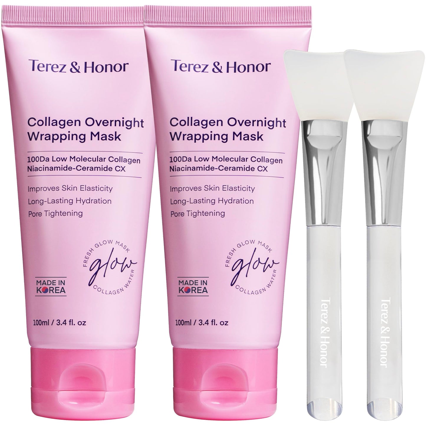 TEREZ & HONOR Collagen Night Wrapping Peel Off Mask: Korean Face Mask for Elasticity, Hydrating & Glow - 100Dalton Smallest Molecular Collagen for Glass Skin, Dermatologist Tested, 3.4 FL OZ 2 Pcs