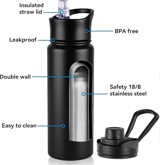24oz Insulated Water Bottle with Straw Lid, Stainless Steel Metal Water Bottle with Straw & Wide Mouth Lid, Double Wall Vacuum Water Bottle for Hiking Camping, Black 4 Pack