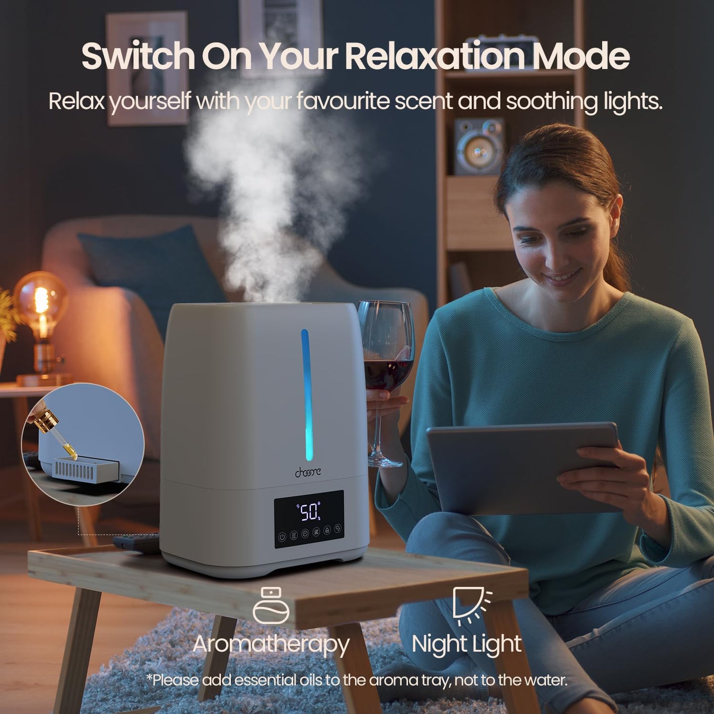 Chooone 6L Top Fill Ultrasonic Humidifier - Cool and Warm Mist for Bedroom, Baby, Large Rooms & Plants, Smart Humidity Control, Aroma Diffuser, Night Light, 12H Timer, Quiet, White