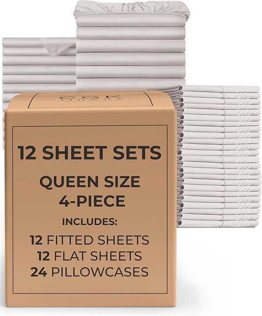 Bulk Case Pack of 12 Sheet Sets - (12) Complete Sheet Sets - Bulk Queen Bedding - Wholesale Case Pack for Hotels, Spa & Airbnbs - Deep Pocket & Wrinkle Free - Cooling & Breathable - Queen, Light Grey