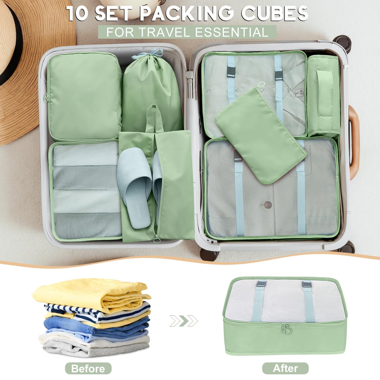 10 Set Packing Cubes for Travel, Travel Packing Cubes with Hanging Toiletry Bag and Shoe Bag, Suitcase Luggage Organizer Bags for Travel Essentials Women Men (Matcha)