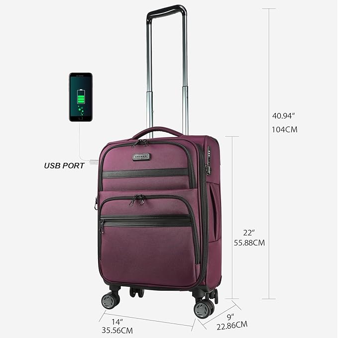 KROSER Softside Expandable Carry On Luggage with Spinner Wheels & Built-in TSA Lock, Durable Suitcase Rolling Luggage with USB Port, Carry-On 20-Inch, Burgundy