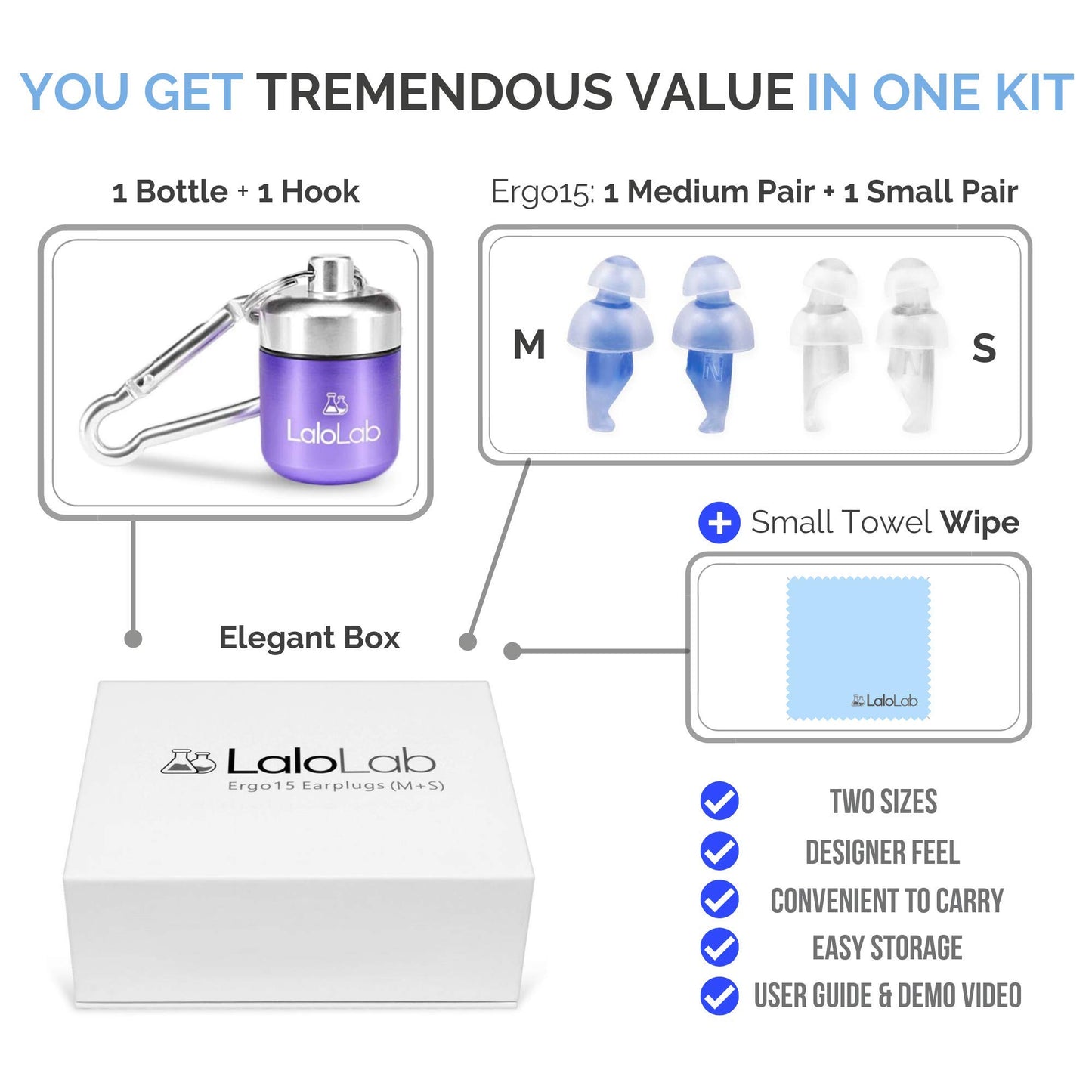 Ear Plugs for Sleeping by LaloLab | 2 Sizes Comfortable Reusable Noise Cancelling Earplugs for Sleep, Snoring, Travel & Work | Up to 28 dB NRR | Case & Gift Box | 2 Pairs, Medium & Small