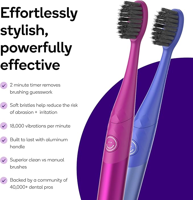 Burst Nova Toothbrush (2 Pack/Pink & Blue) | Sonic Powered Teeth Whitening | Super-Soft Bristles | 18000 VPM | 2 Minute Timer | Aluminum Handle | Replaceable Brush Head | Compact Size | AAA Battery