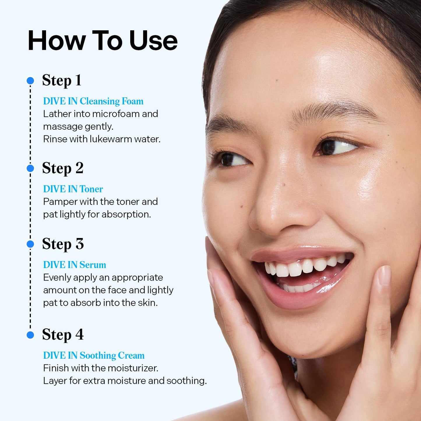 Torriden DIVE IN Trial Kit | Hyaluronic Acid Infused Daily Skincare Kit - 4 Step Regimen with Foam Cleanser, Facial Toner, Serum, and Cream | Korean Skin Care Travel Kit, Travel Essential