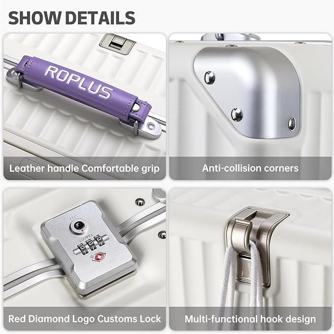 Aluminium Frame Carry on Luggage with Smooth Jelly Wheels, Hardside Zipperless Rolling Suitcase with TSA Lock (WhitePurple, 21-Inch)