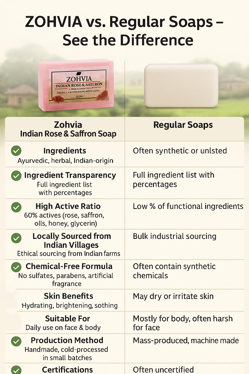 ZOHVIA Pure Indian Saffron (Kesar) & Rose Soap Bar – Handmade Ayurvedic 4.4oz | Natural Glow Cleanser with Coconut & Olive Oil | Chemical-Free, For Men, Women & Teens | All Skin Types | Face & Body