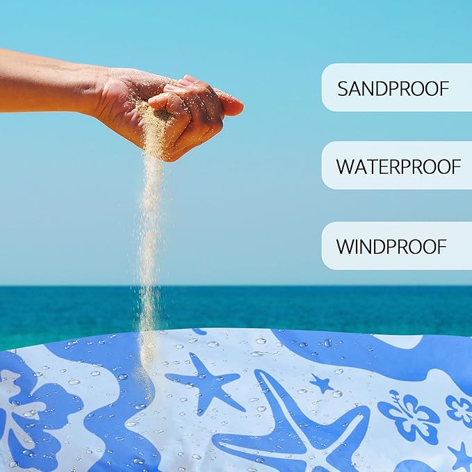 Beach Blanket Waterproof Sandproof, 78”x 86” Large Sand Free Beach Mat with 4 Stakes & Portable Bag, Big Flodable Compact Outdoor Picnic Blanket