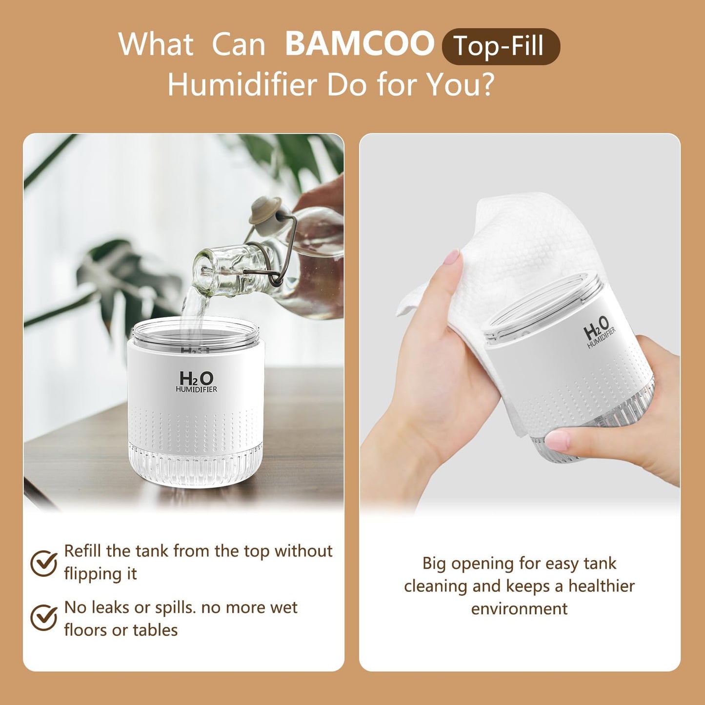 BAMCOO Portable Mini Humidifier, 350ml Small Cool Plant Humidifiers, Rechargeable Personal Desktop Humidifier for Bedroom, Office, Nursery, Travel with Night Light,Auto Shut-Off,3 Filter(white)