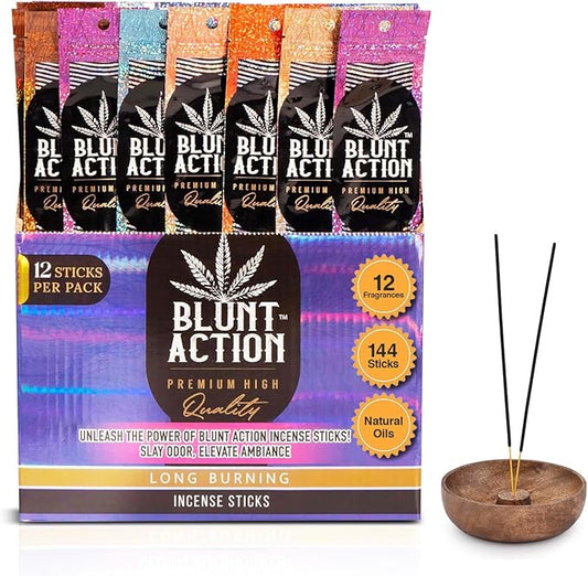 Tulasi Blunt Action Incense Sticks, 12 Packs, 144Pc, Long Lasting Fragrance, Natural Essential Oils Hand Rolled Incense Sticks for Aromatherapy, Relaxing, Yoga, Meditation, Prayer
