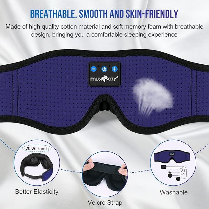 MUSICOZY Sleep Headphones Breathable Bluetooth Headband 3D Sleeping Headphones, Wireless Music Eye Mask Sleep Earbuds for Side Sleeper Women Men Office Air Travel Cool Tech Gadgets Unique Gifts