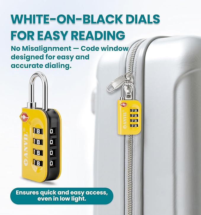 ANVIL TSA Approved Luggage Lock - 4 Digit Combination, 10,000 Combinations, Easy-Read Password Window, Travel Lock for Suitcases, Backpacks, Gym & Student Lockers, Baggage
