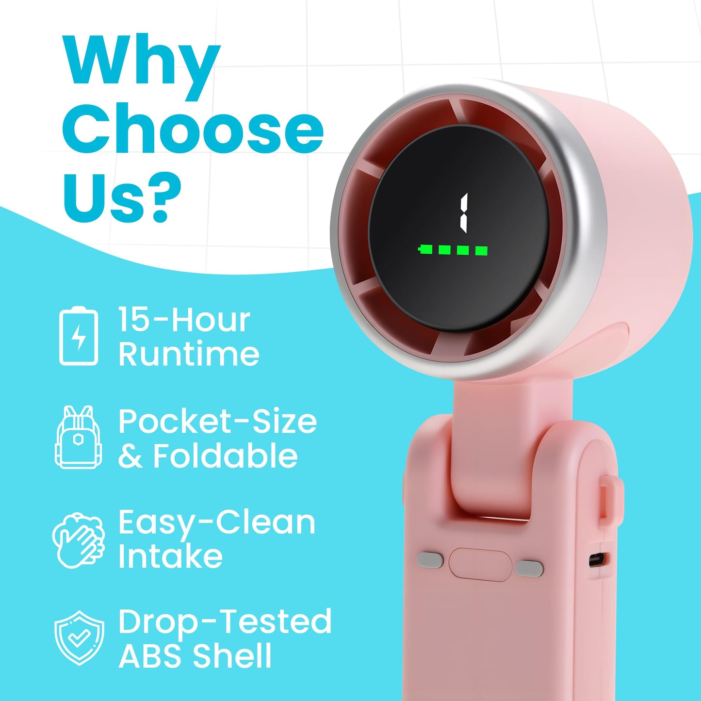 FROVA Zephyrus Portable Handheld Fan – 5200 mAh USB‑C Rechargeable, 5‑Speed Quiet Brushless – Foldable Pocket‑Size with Stand, Lanyard & Pouch