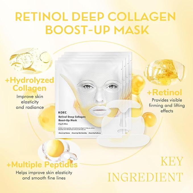 4PCS Collagen Retinol Face Mask - Korean Glass Skin for Moisturizing, Firming, Glowing - Overnight Deep Collagen Mask -Deep Hydration, Smoothing Smile Lines & Forehead Wrinkles
