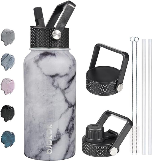 BJPKPK Insulated Water Bottles with Straw Lid, 27oz Stainless Steel Water Bottle with 3 Lids, Leak Proof BPA Free Metal Thermo, Mugs, Tumblers, Keep Cold Hot - Carrara Marble