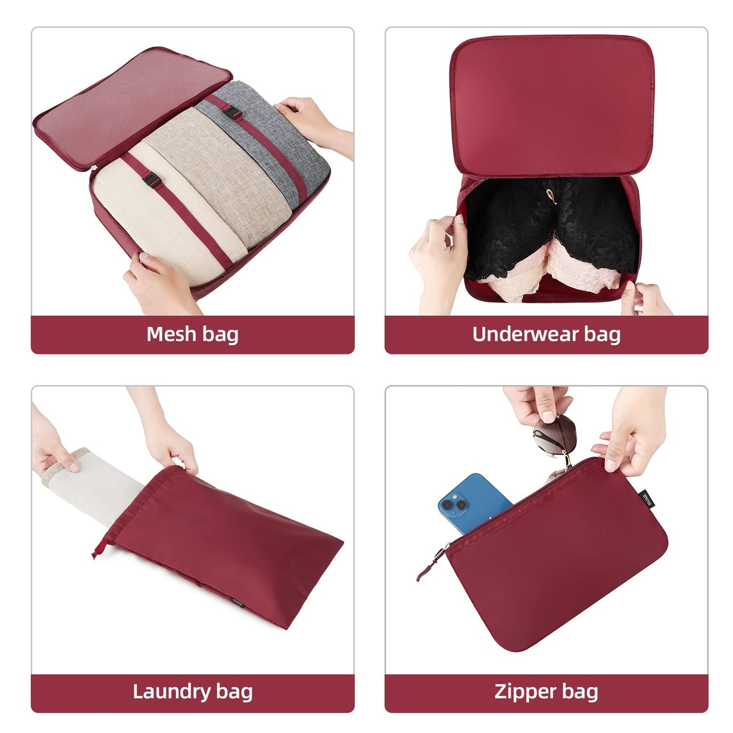 BAGAIL 10 Set Packing Cubes Various Sizes Packing Organizer for Travel Accessories Luggage Carry On Suitcase-Burgundy