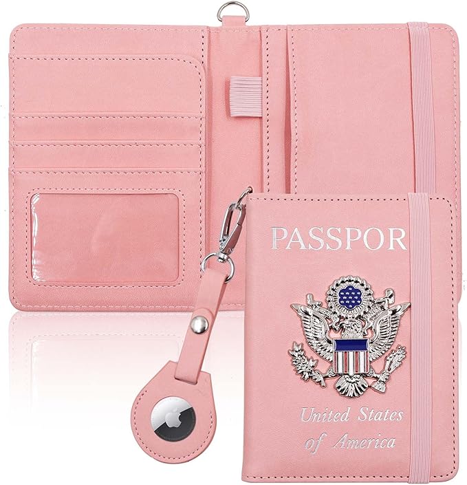 Cnycmy Passport Holder with Airtag slot,Passport-Wallet-Holder for Women,for Family, Rfid Passport Book Card Slot Waterproof, passport holder for travel (Pink1)