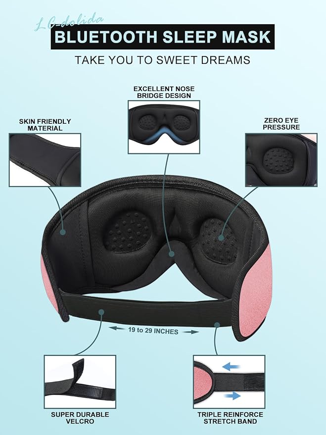 LC-dolida Sleep Headphones, Sleep Mask Bluetooth Wireless Music Eye Mask, Sleeping Headphones for Side Sleepers Sleep Mask with Bluetooth Headphones Ultra-Thin Stereo Speakers Perfect for Sleeping