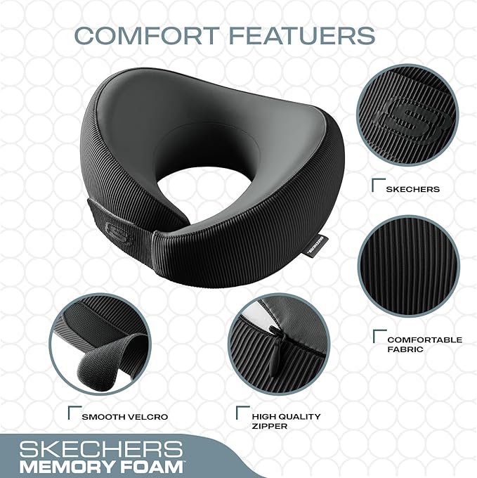 Skechers Memory Foam Neck Pillow, Comfortable & Breathable Travel Pillow,Neck Pillow Airplane for Travel, Car Rides, Home, and Office Use, Ergonomic Design for Men and Women,Black