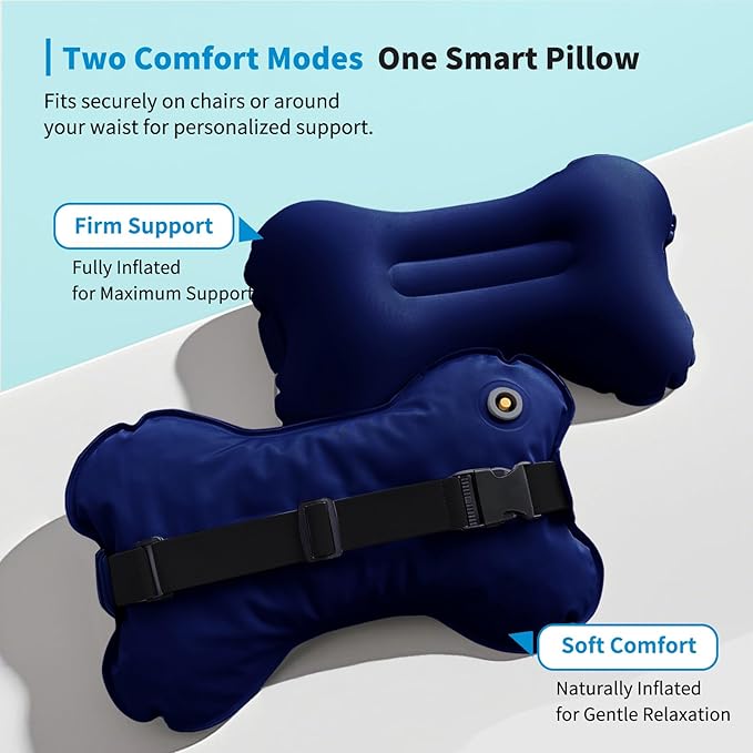 Mixtrend Travel Lumbar Pillow Inflatable Lumbar Support Pillow with Memory Foam, Back Support Pillow for Airplane Long Flight, Essential Travel Support Pillow for Women Men Kids（Navy Blue）