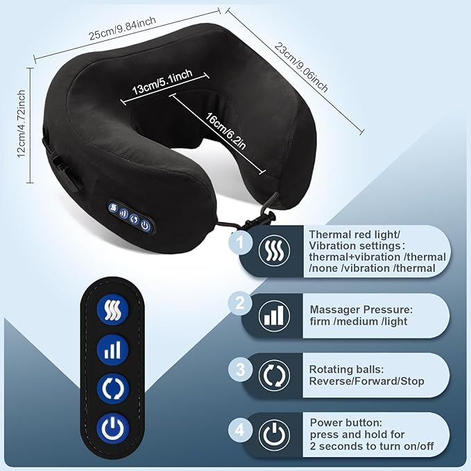 Electric Neck Massager,Portable Heated Kneading Massage Cushion Pillow,Rechargeable Shoulder Neck U-Shaped Massage Shiatsu,for Pain Relief at Home,Car,Office,Travel(Black)