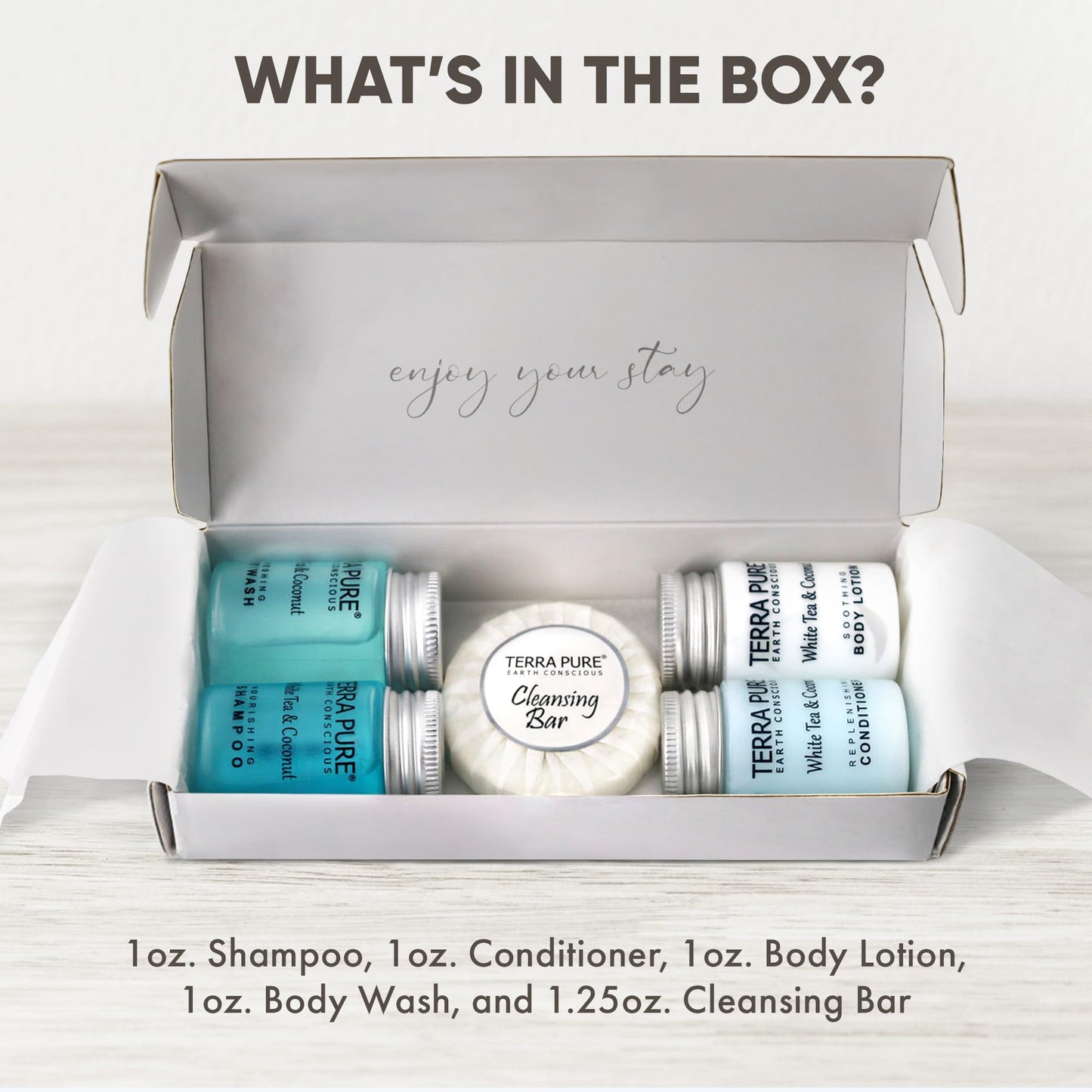 Terra Pure White Tea & Coconut Amenity Kit | Hotel Bulk Toiletries | 1 oz Shampoo, Conditioner, Lotion, Body Wash, Cleansing Bar for Guest Hospitality Vacation Rentals | 1 Set/Case