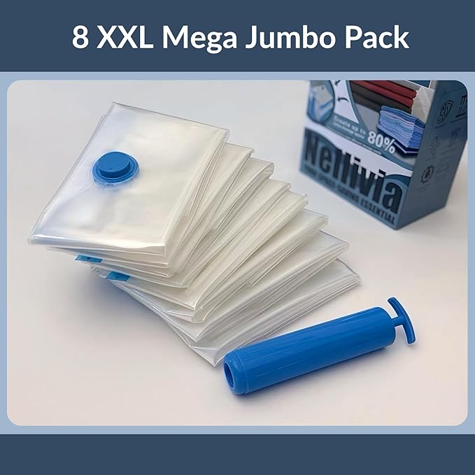 8 Mega Jumbo XXL Vacuum Storage Bags with Pump, Supersized Compression Space Saver for Comforter, duvet, Bedding, Blanket storage, Vacuum Seal Bags for Clothing, Durable Safe Poly Material