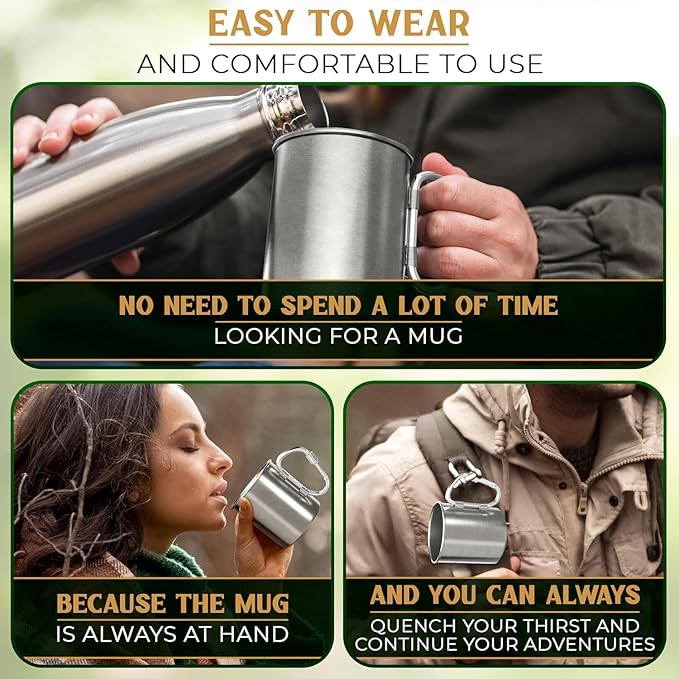 13.5 Oz Stainless Steel Camping Mug with Carabiner - Metal Camping Cup for Traveling, Lightweight and Heat-Resistant, Durable and Easy to Clean Hiking Cup, Comfortable to Hold and Drink