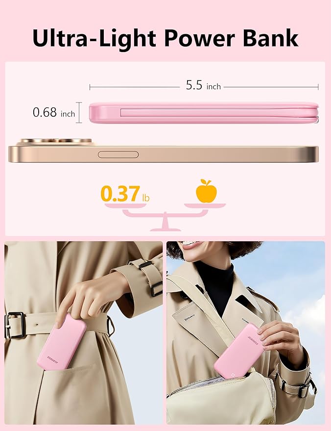 Alongza Portable Charger Built-in Cables and AC Wall Plug, Slim Fast Charging Power Bank 10000mAh, Lightweight USB C External Battery Pack Compact Travel Cell Phone Charger