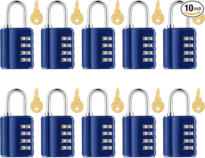 Kenning Combination Padlock 4 Digit Combination Lock with Keys Locker Resetable Security Outdoor Waterproof Gate Lock for School Sports Gym Locker Employee Fence Case(Sapphire,10 Pcs)