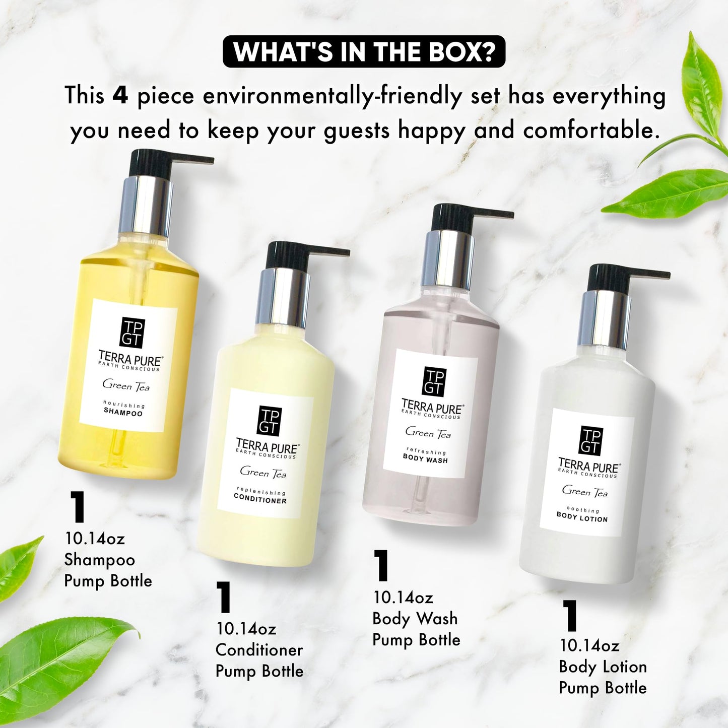 1-Shoppe Terra Pure Ecobox Amenities Kit | Green Tea Soap | Shampoo, Conditioner, Body Lotion, Body Wash | 10.14 oz | Hotel Toiletries Bulk