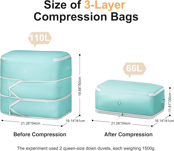 Comforter Storage Bag - Large Capacity Blanket Storage Bags 3-Layer Ultra Space Saving Self Compression Organizer, Washable Compression Bags for Storage Comforter Blanket, 2-Pack, Blue