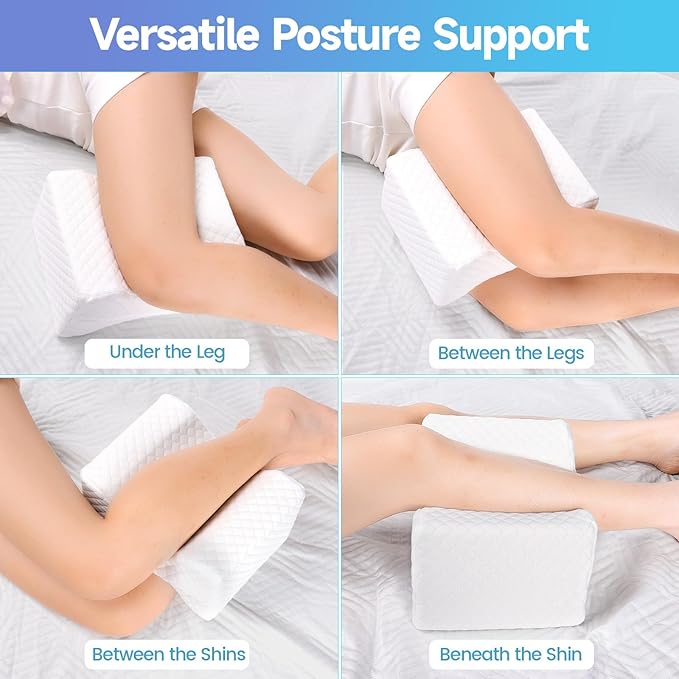 CloudBliss Knee Pillow for Side Sleepers - Cooling Leg Pillow for Side Sleeping, Memory Foam Knee Pillow for Hip Pain, Lower Back Pain, Sciatica Pain, Knee Wedge Pillow with Contour Design, White