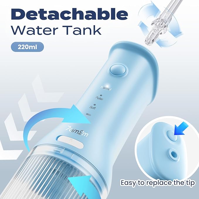 7AM2M Portable Water Flosser Cordless, Water Flosser with 3 Modes and 2 Jet Tips, USB C Rechargeable, IPX7 Waterproof, Dental Water Flosser for Travel and Home Use (Light Blue)