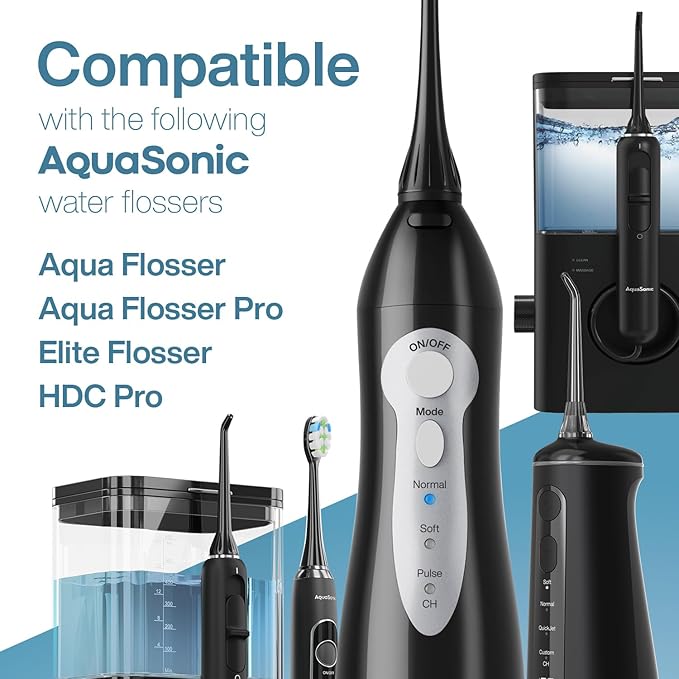 AquaSonic Aqua Flosser Replacement Tips - 5 Tips, 4 Types: Standard, Periodontal, Orthodontic & Tongue Scraper - Genuine, Authentic Parts (Black)