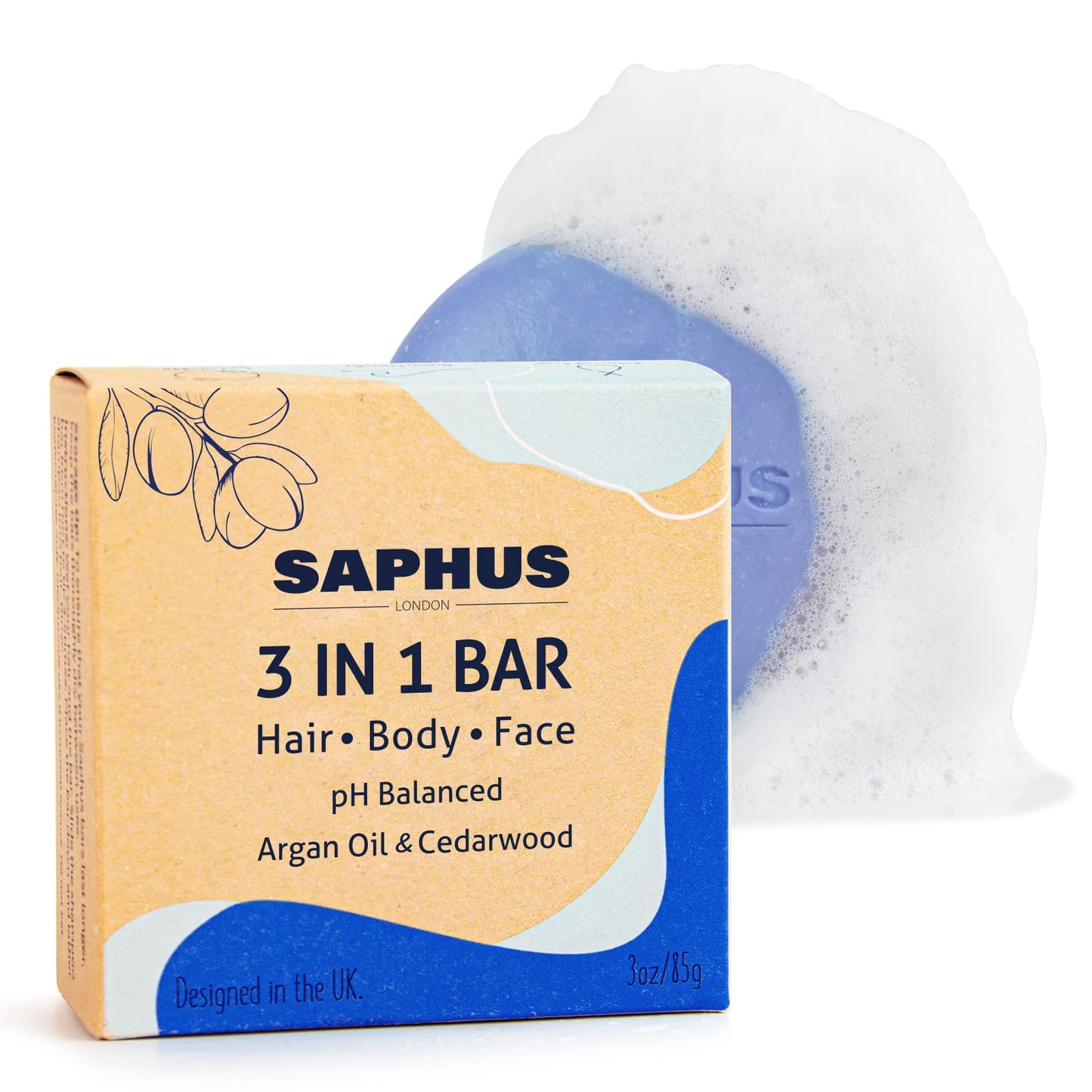 SAPHUS 3-in-1 Shampoo Bars for Hair, Body, Face & Beard | Acidified Bar Soap Moisturizing & Cleansing Bar for Men, Women, Kids | pH Balanced, Sulfate-Free, 1 Pack