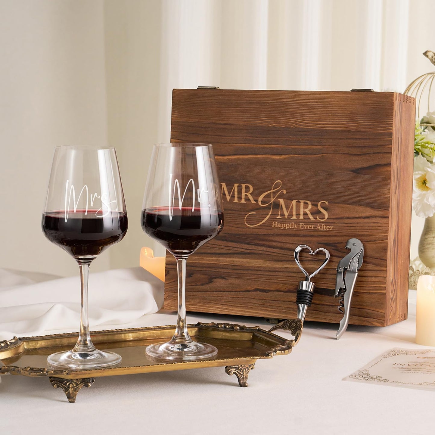 AW BRIDAL Mr Mrs Wine Glasses Set Wedding Gifts for Couples, Engagement Gift for Bride and Groom Newlyweds, Bridal Shower Gifts with Wine Opener Stopper and Engraved Wooden Keepsake Box