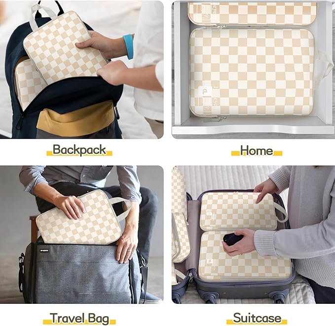 8 Set Compression Packing Cubes Travel, Lightweight Durable Packing Compression Cubes, Accessories Bags Packing Cubes for Travel Luggage Organizer (Khaki Checkered)