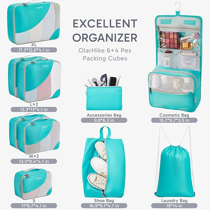 ALL INCLUDED 10 Set Durable Packing Cubes for Suitcases,OlarHike Essentials for Travel, UPGRADED Anti-Tear Stitching, NEW Improved Luggage Packing Organizers for Travel Accessories (Turquoise)
