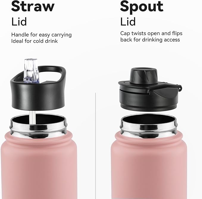 16 oz Insulated Water Bottle with Straw Lids, Stainless Steel Kids Water Bottles for School, Double Wall Vacuum Metal Water Bottle with Straw & Wide Mouth Lid, Harbor Pink 1 Pack