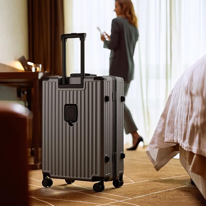 26 Inch Zipperless Checked Travel Luggage with Spinner Wheels,Aluminum Frame Hard Shell Front Pocket Suitcase with Compartment TSA Approved USB Port,Cup & Phone Holder for Women Men,Grey