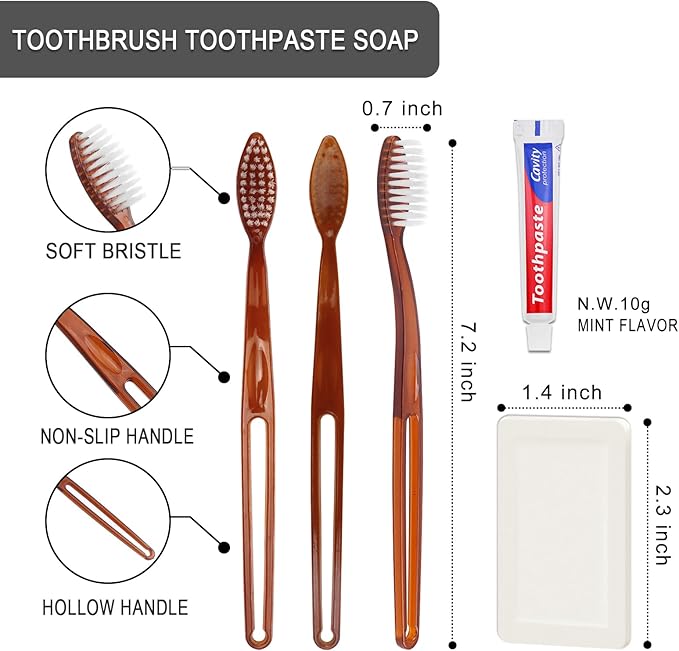 50 Pack Disposable Toothbrushes with Toothpaste and Soap Individually Wrapped, 50 pcs Toothbrushes (2 Colors) with 50 pcs Mini Bar Soap (14g/0.5 oz)