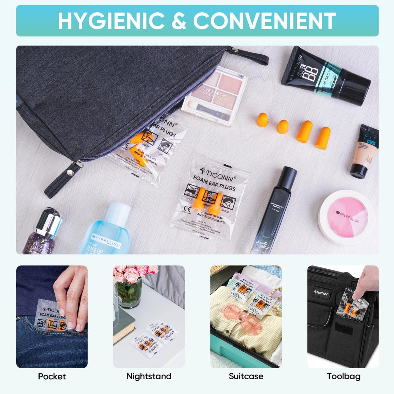 TICONN 100 Pairs Ear Plugs, 32dB Noise Reduction Earplugs for Sleeping Hearing Protection Travel Study Concentration Construction Site (100 Pairs)