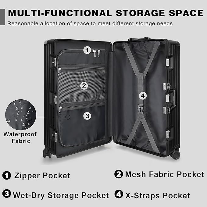 AnyZip Luggage Sets 2 Piece Aluminum Frame Carry On and Checked Suitcase PC ABS Hard Shell TSA Lock No Zipper(Black, 20/28)