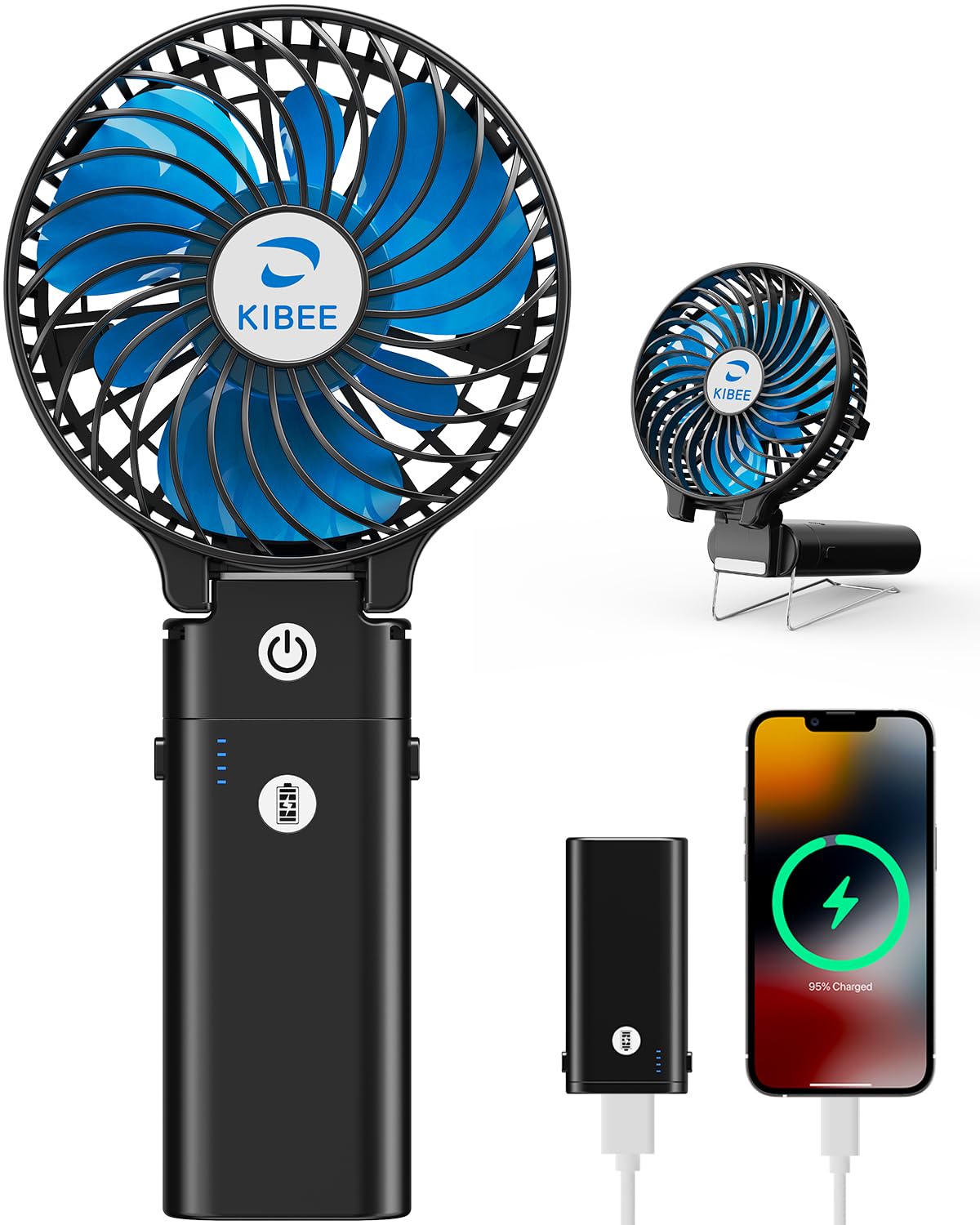 KIBEE Portable Handheld Fan - 5200mAh USB Rechargeable [20H Max Runtime] with Power Bank, Foldable 180° Mini Personal Fan, 3-Speed with Stand for Travel/Outdoor/Makeup/Concerts (Black)